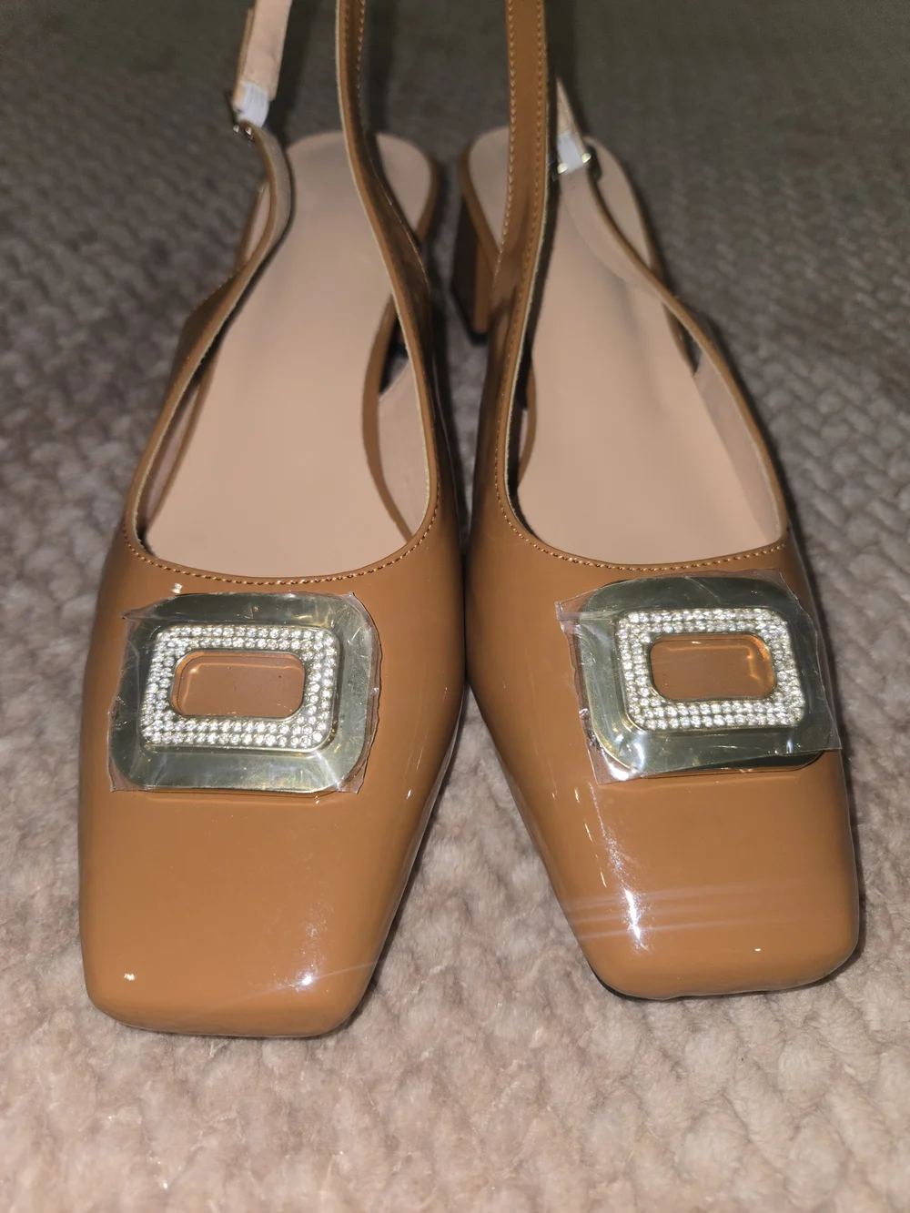 Women's Tan Slingback Block Heel Pumps with Gold Buckle